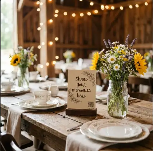 Elegant indoor wedding reception with guests uploading photos